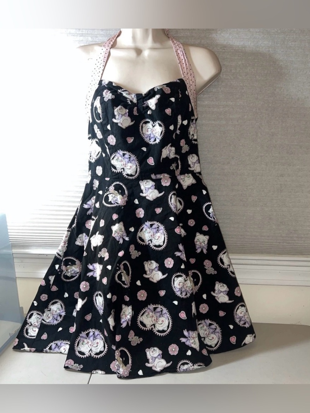 Hell Bunny Amelia Love Kitty Black  Southern Bell Sweetheart Mini Halter dress L
